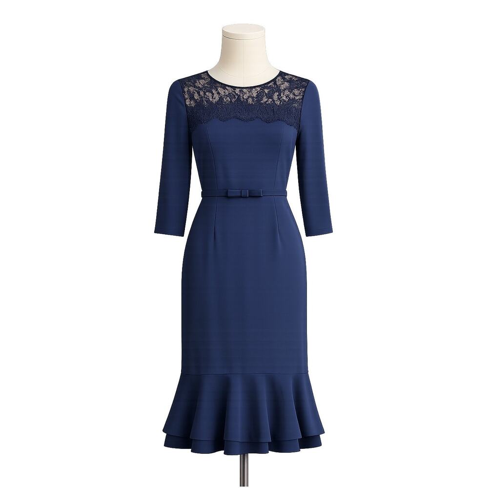 Erin Navy Belted "Blue Eclipse" Lace Yoke Midi Pencil Dress - Size 2